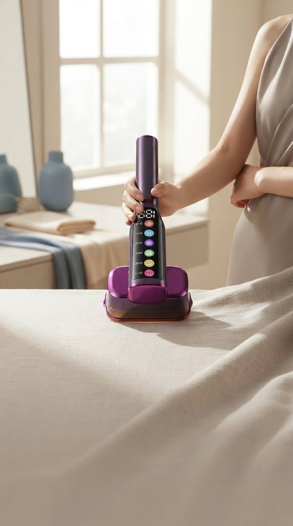 A premium handheld garment steamer centered in a bright, minimalist room with slate blue and cream tones.