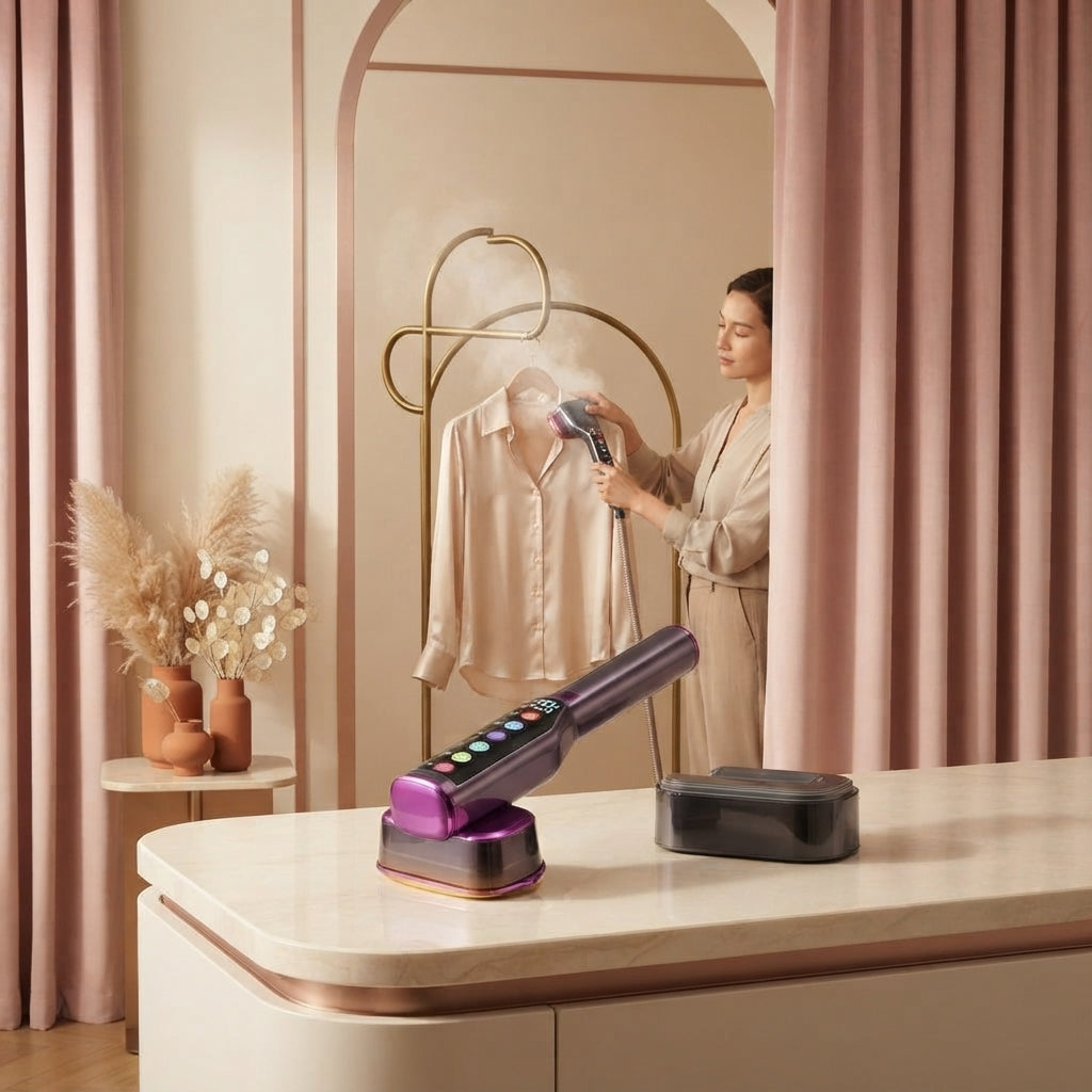 A person using a high-end handheld garment steamer on a silk blouse in a modern, elegant room with soft pink and cream decor.