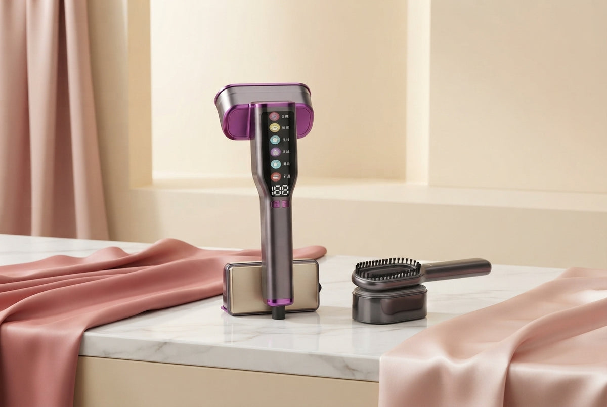 A modern handheld garment steamer placed on a white marble table next to folded blush pink fabric in a bright, clean room.